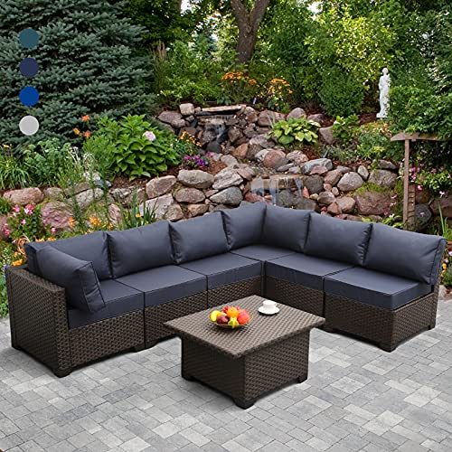 7 Pieces Outdoor Wicker Furniture Conversation Set Patio Furniture Sectional Sofa Couch Adjustable Storage Table with Thicken(5) Navy Blue NonSlip Cushions Furniture Cover Brown PE Rattan